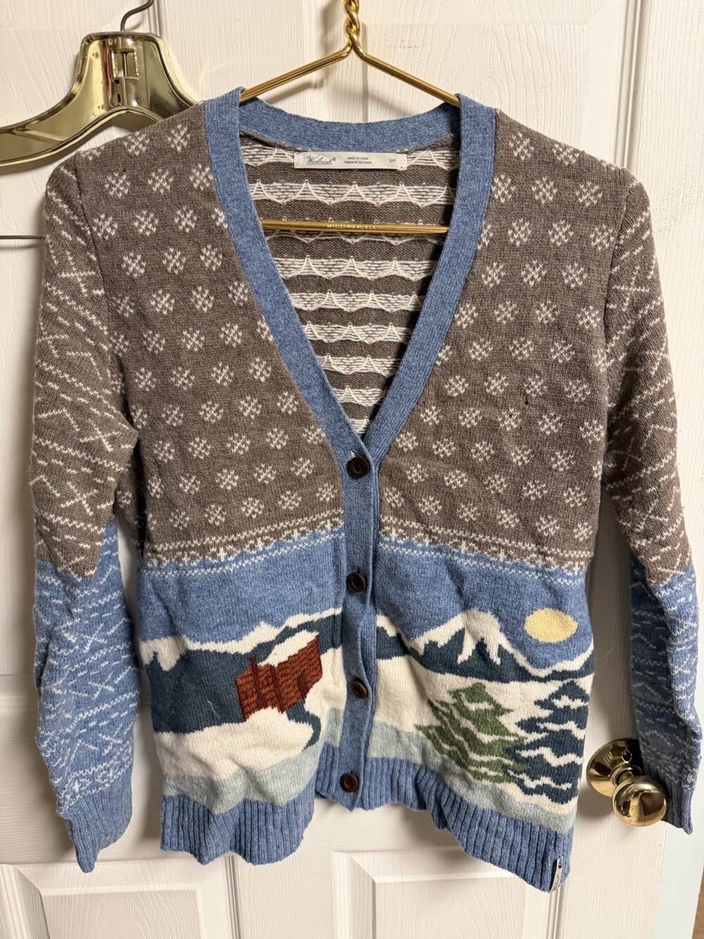 Woolrich Cardigan Sweater Small Knit Wool Winter Snow Cabin Christmas SP Hole
